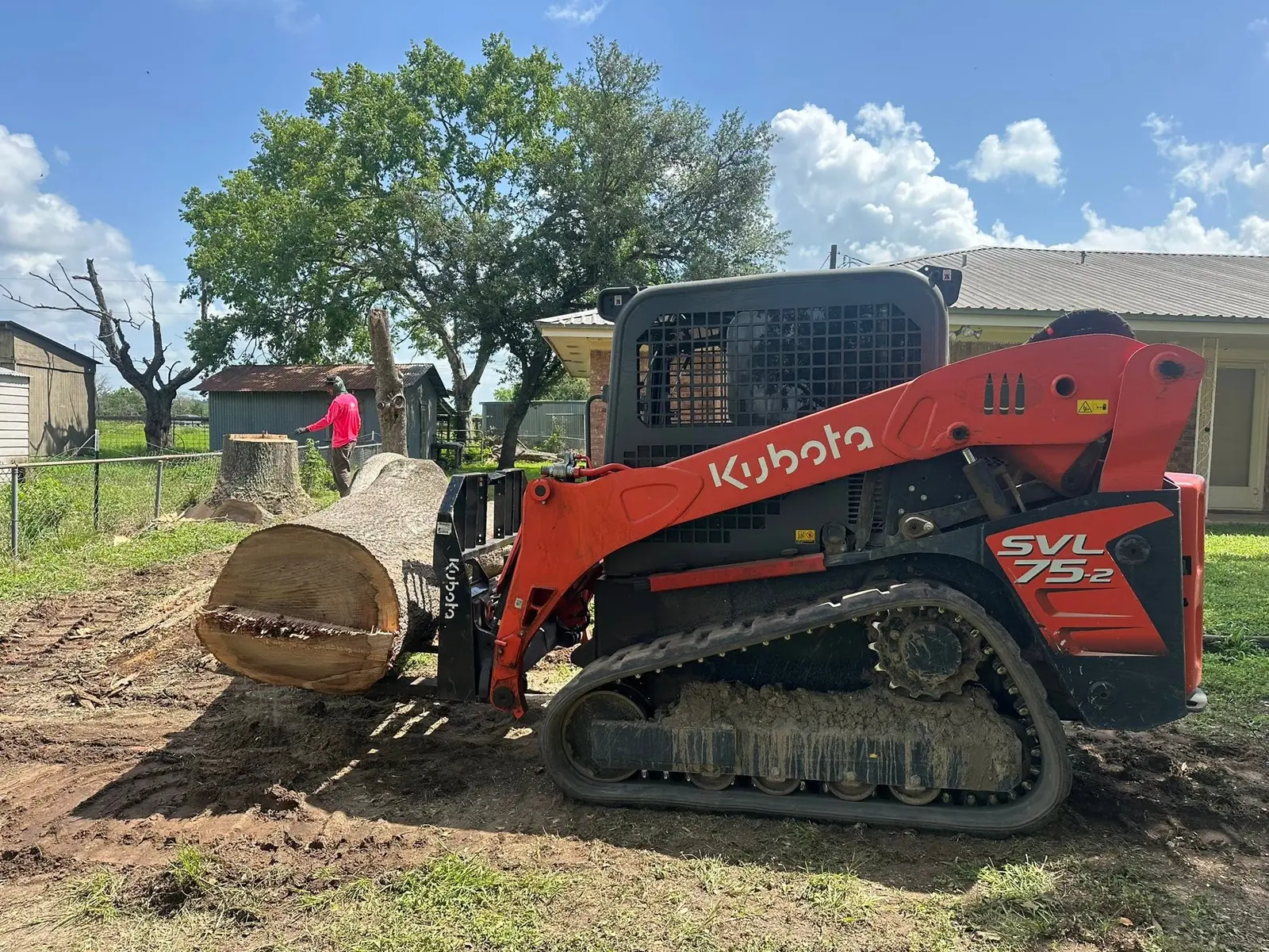Skid steer moving a large trunk section during tree-removal cleanup