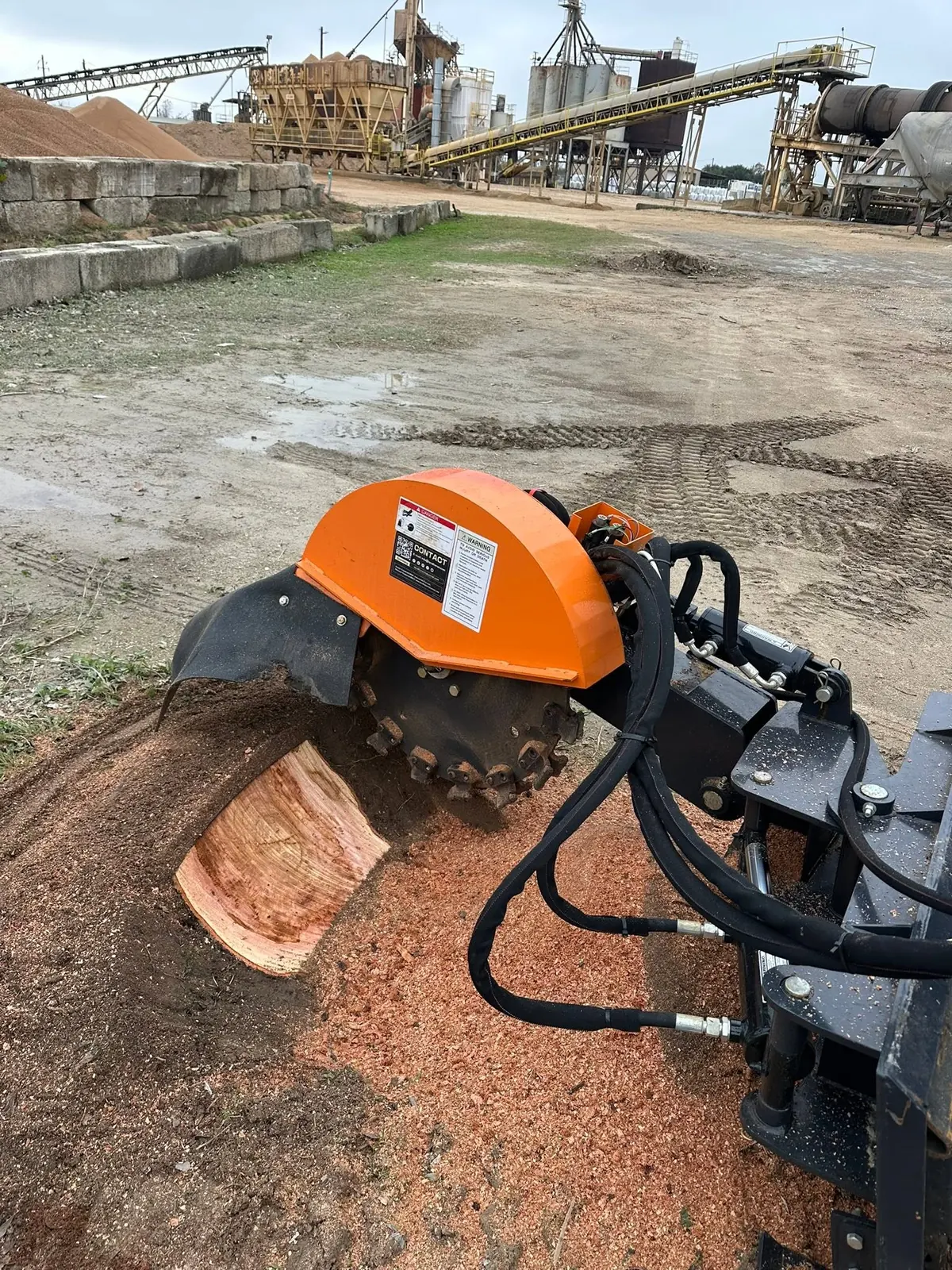Commercial stump grinding in progress at an industrial property