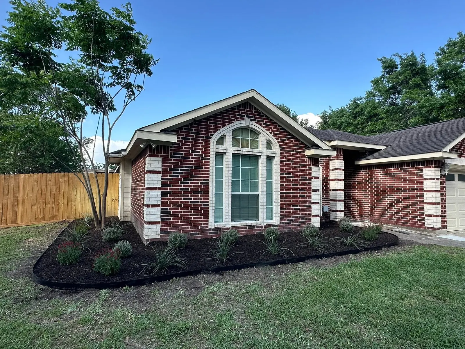 Finished residential foundation bed with edging, mulch, and new planting
